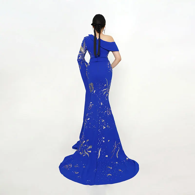 Baisha Stickerei Strass Benutzerdefinierte Abendkleid Revers Schräge Schulter Split Röcke Mit Zug Gala Formelle Anlässe H1013