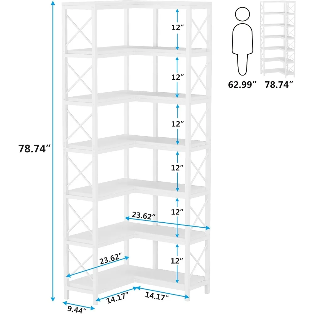 7-Shelf Corner Bookshelf,Large Modern Corner Bookcase, 7-Tier Tall Corner Shelf Storage Display Rack with Metal Frame for Livin