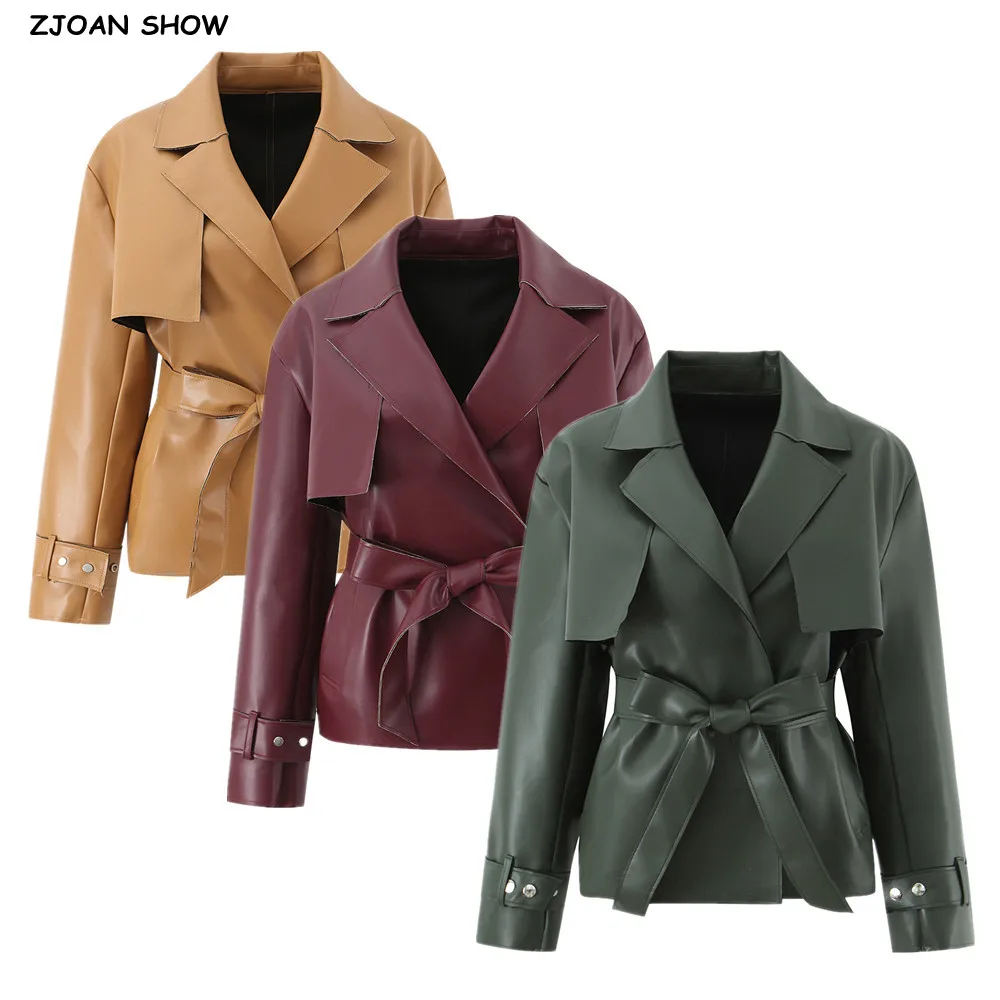 

Spring American Retro Women Burr Edged PU Leather Jacket False 2 pieces Tie Bow Sashes Long Sleeve Oversize Coat Loose Outerwear