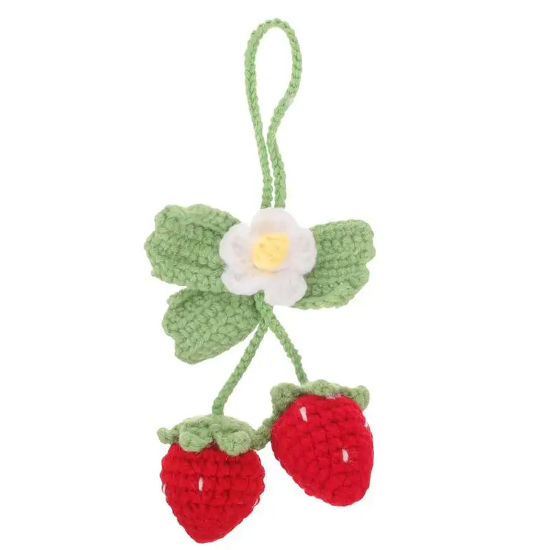Strawberry Car Mirror Decor Cute Handmade Knitted Strawberry Car Pendant Fruit Hanger For Rear View Mirror Accessories Car Gifts view 2