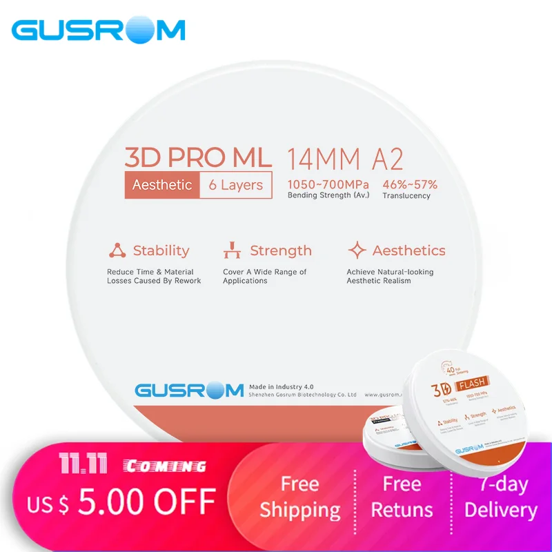 

Gusrom 3D PRO Zirconia Block Dental Lab 98mm Zirconia Multilayer Block Disc for CAD CAM Dental Dentistry Material