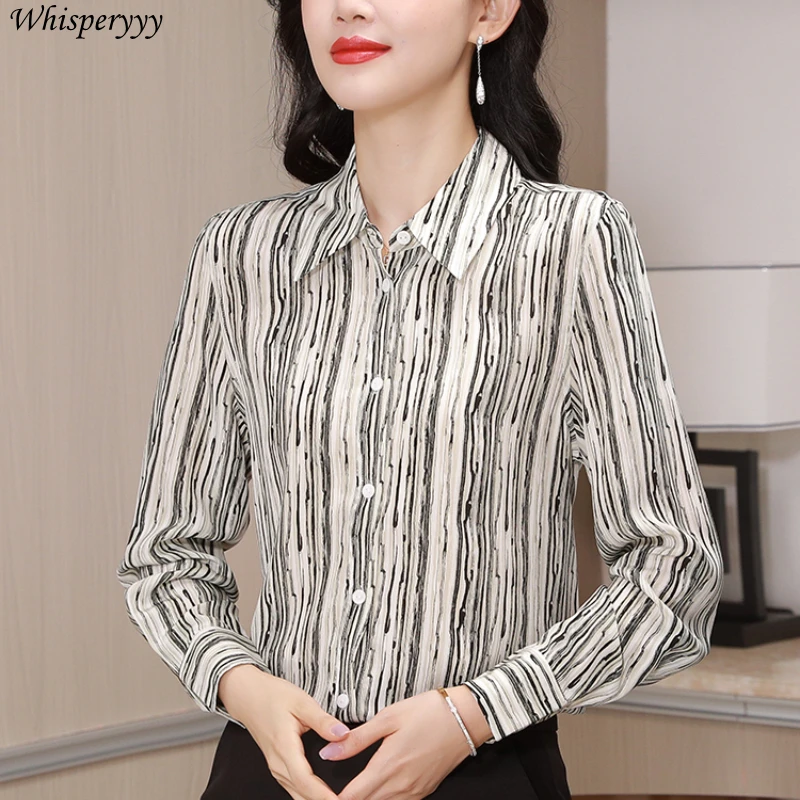 Blouses for Women Fashion Spring New Printed Loose Long-sleeved Striped Tops Female Turn-down Collar Single-breasted Shirt