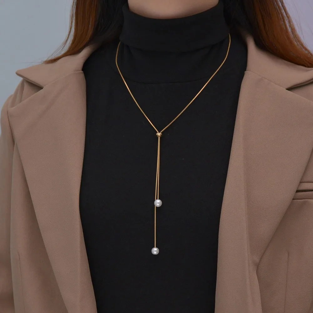 Fashion Silver Color Long Tassel Pull Pearl Pendant Necklaces for Women Simple Adjustable Clavicle Chain Choker Jewelry Gift