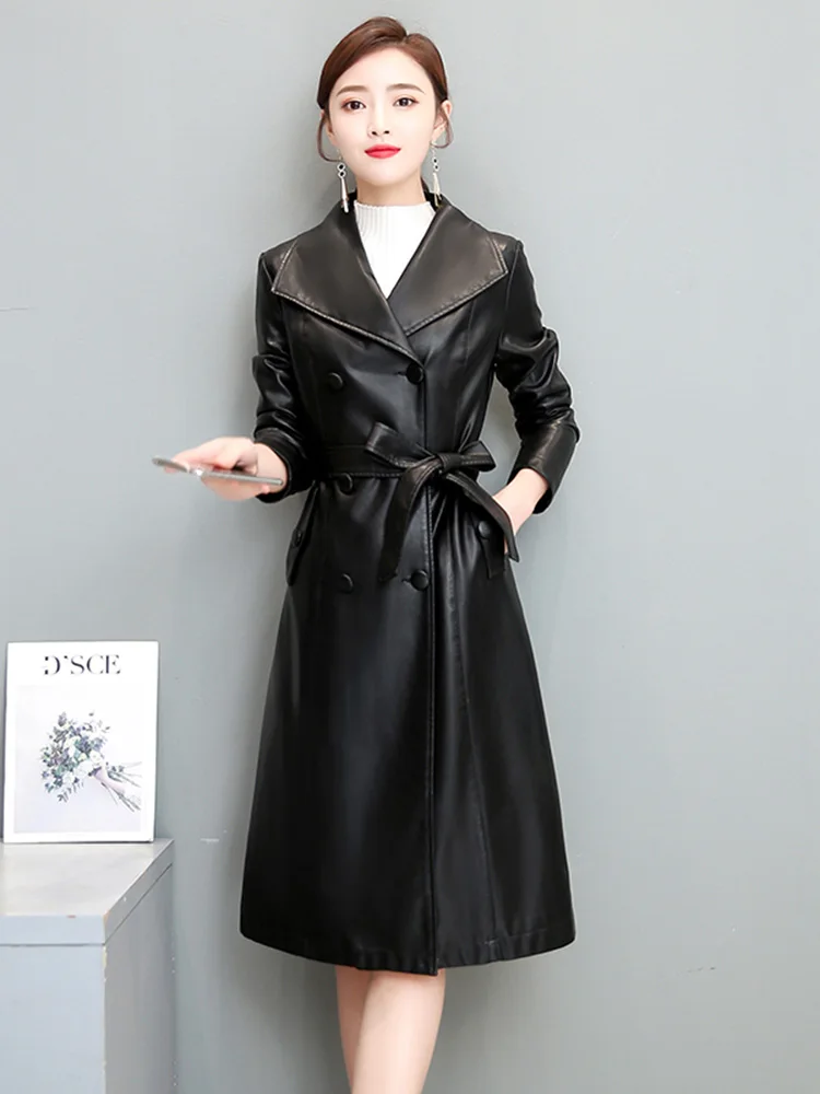 New Women Sheepskin Leather Coat Spring Autumn 2024 Chic Turn-down Collar Double Breasted Slim Waist Split Leather Overcoat