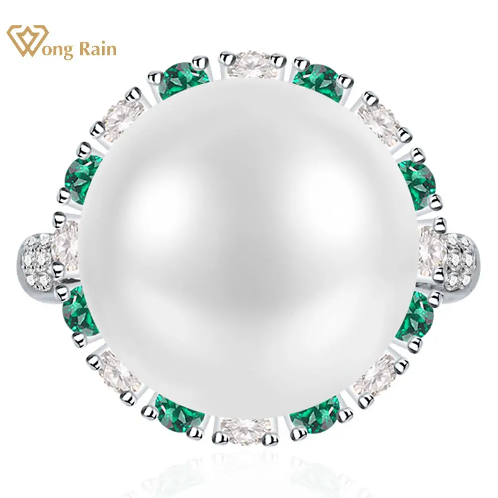 Wong Rain 100% 925 Sterling Silver 12MM Pearl Lab Sapphire Emerald Gemstone Ring For Women Wedding Engagement Fine Jewelry Gifts