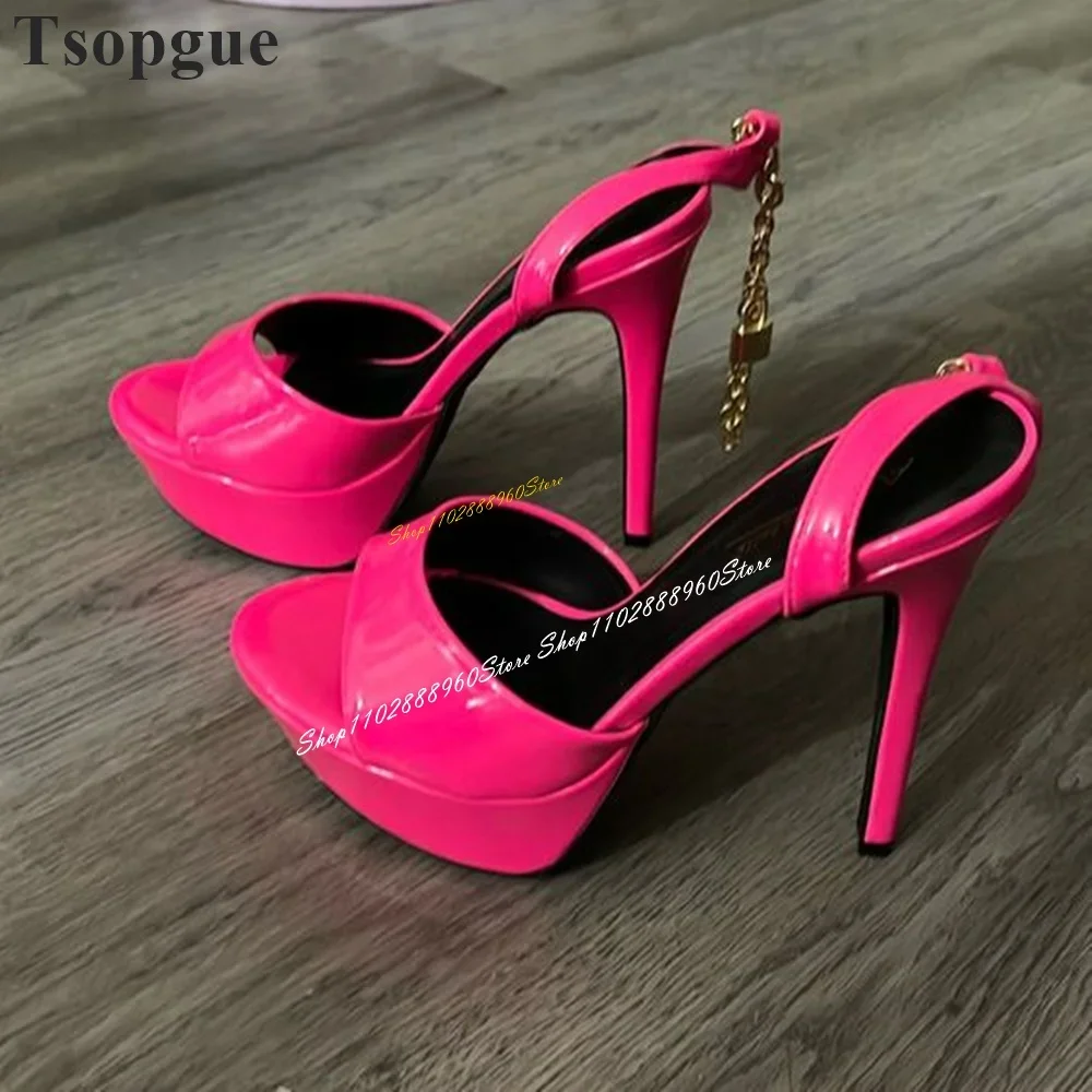 

Rose Red Glossy Leather Platform Metal Chain Sandals Thin High Heel Women Shoes Ankle Chain Strap Open Toe Trendy Banquet Shoes
