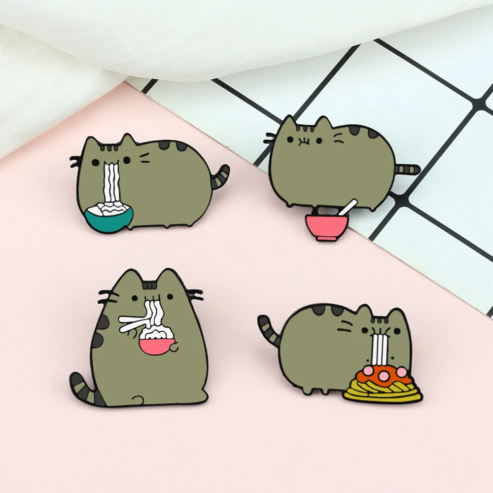 Greedy Fat Cats Enamel Brooch Lovely Kitten Eating Noodles Lapel Pins for Kids Funny Cartoon Animal Badge Denim Backpack Jewelry