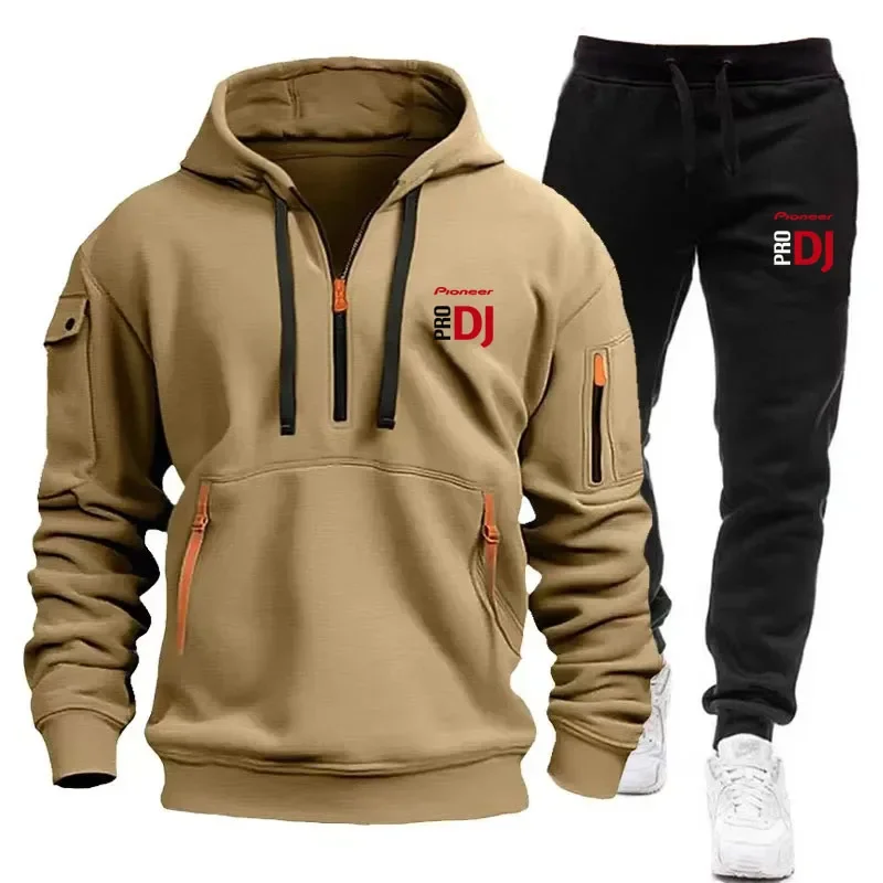 Men's new autumn and winter multi-pocket zipper long-sleeved hoodie + sports and leisure pants two-piece fitness jogging suit