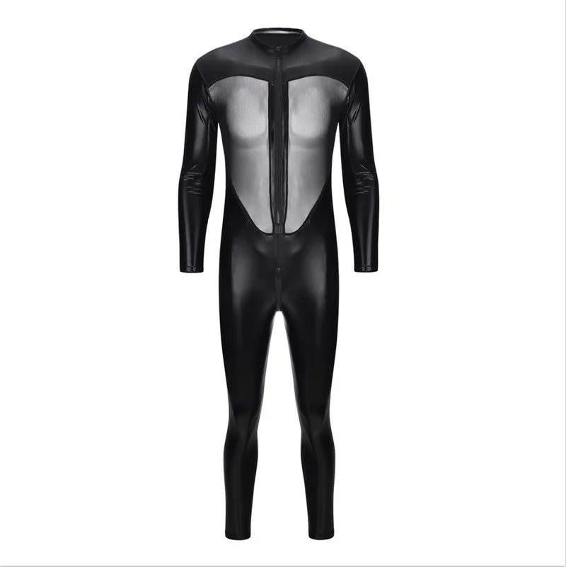 Mens Bodysuit Patent Leather Catsuit Faux Leather Jumpsuit Stage Costume Zipper Leotard Wrestling Singlet Long Trousers Clubwear