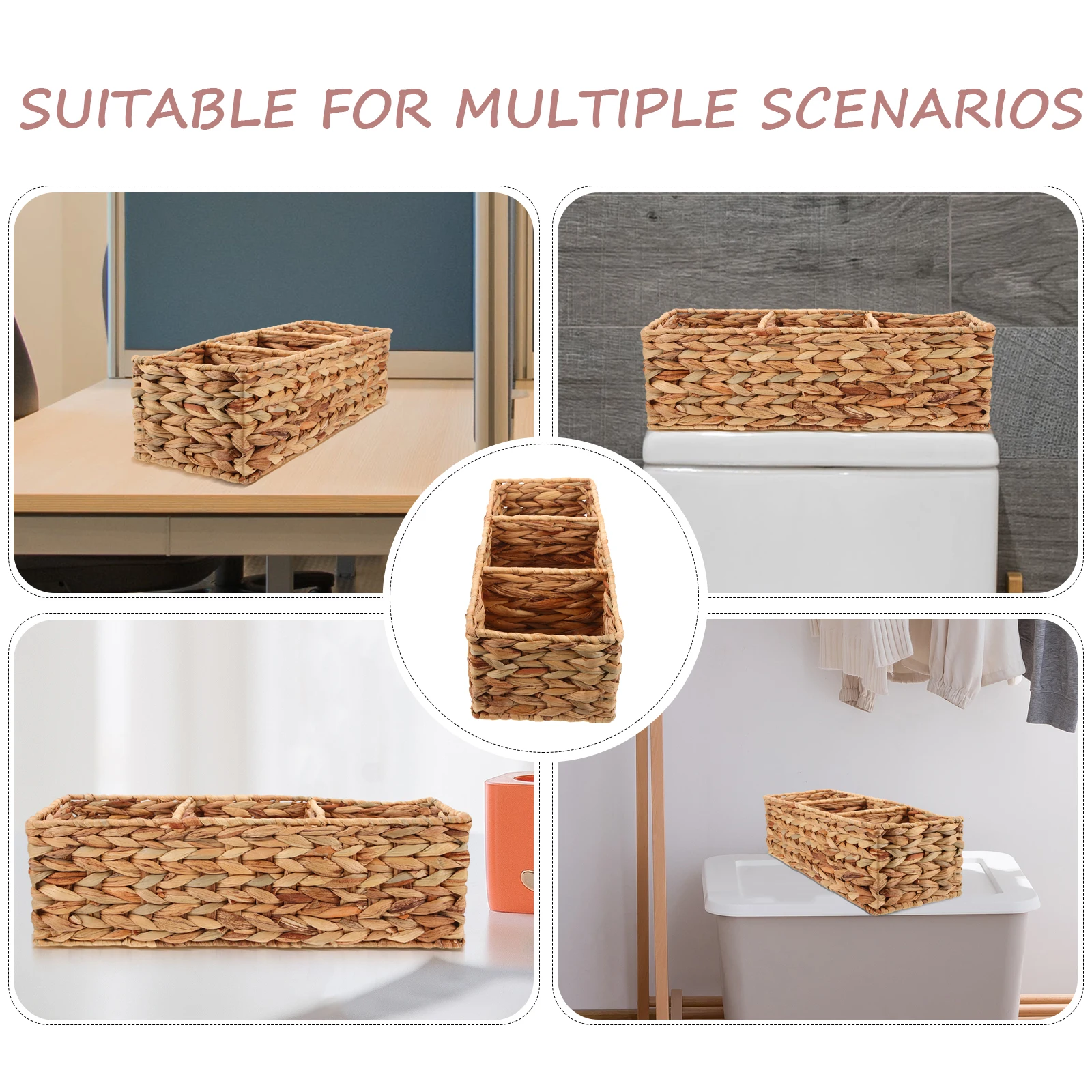 

Multipurpose Storage Basket Lightweight Straw Weave Organizer 3 Compartment Household Sundries Holder for Bathroom Bedroom