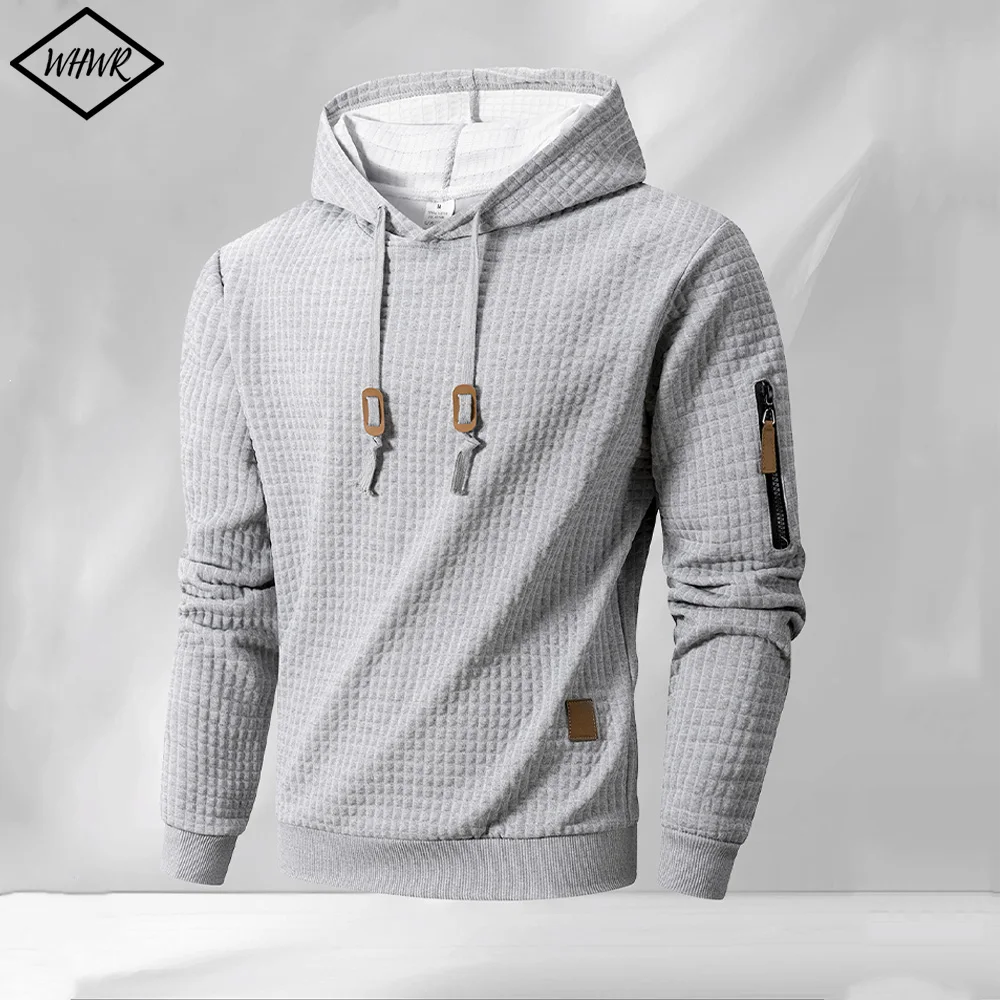 

Мужская толстовка с капюшоном из жаккарда в клетку, осенне-зимняя, теплая, однотонная, повседневная, для активного отдыха, с длинными рукавами