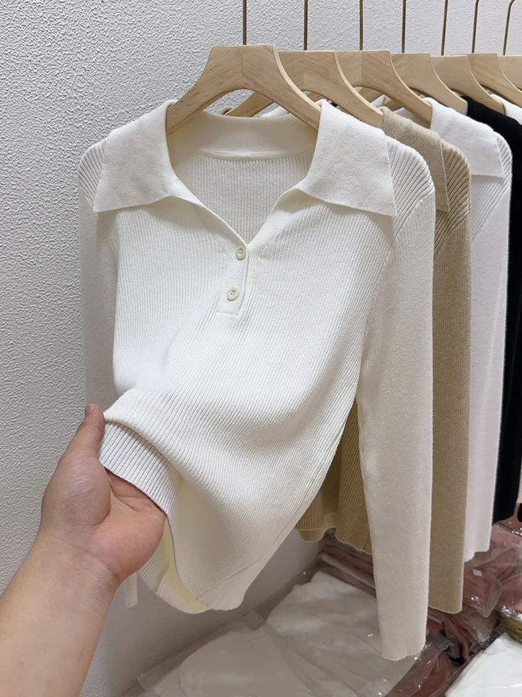 2024 new female sweater autumn half-open V-lapel pullover Korean version of long-sleeved wearing loose sweater slim button tops