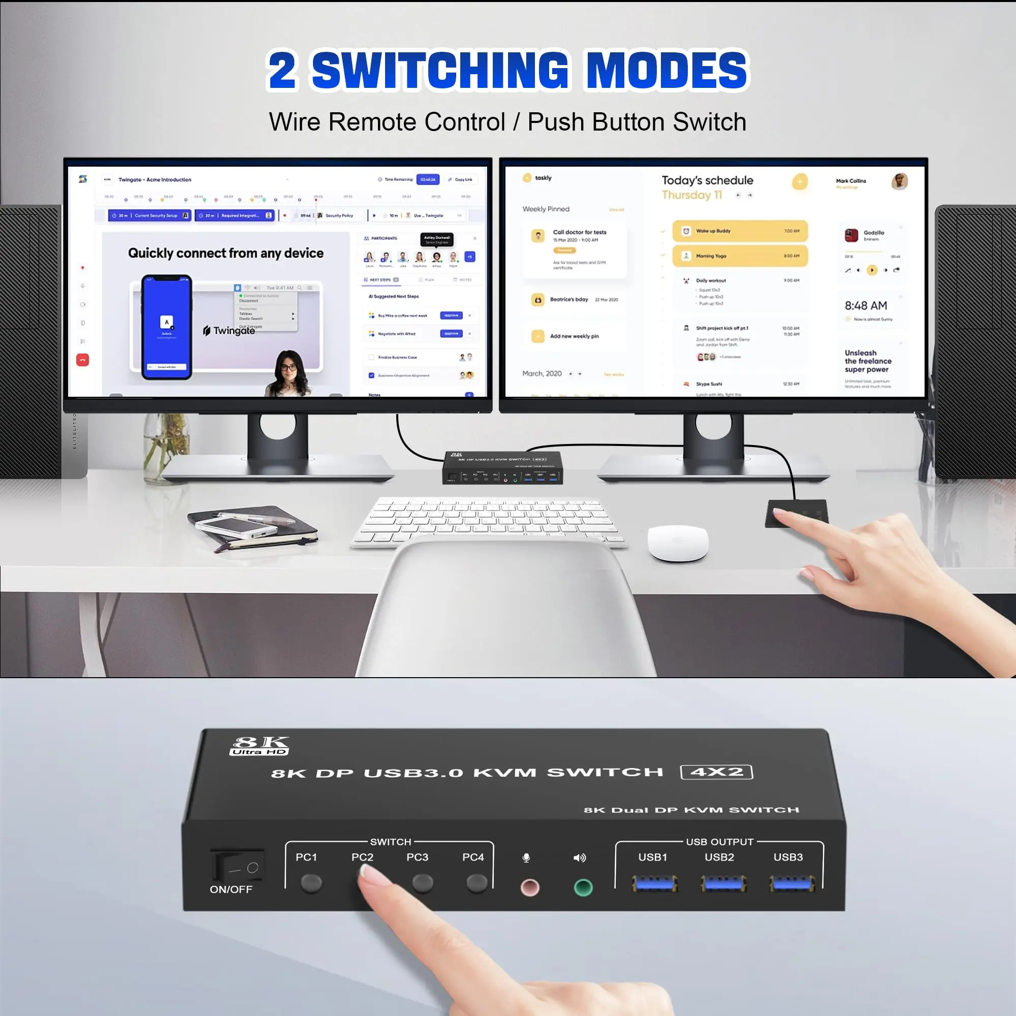 

8K@60Hz USB 3.0 Displayport KVM Switch 2 Monitors 4 Computers,4 Port Dual Monitor DP KVM Switch for 4 Computer 3/4 USB 3.0 Ports