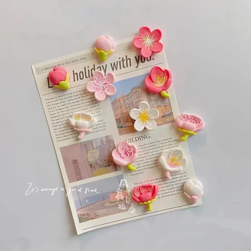 12pcs Fridge Magnet Pink Flower Resin Decorative Refrigerator Magnets Creative Whiteboard Cartoon Magnetic Personalized Sticker