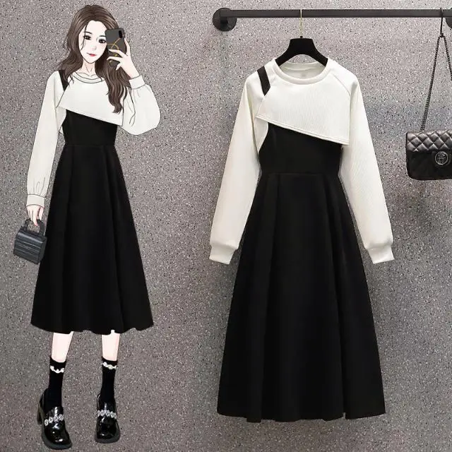 

Autumn Woman Midi Dress Suit Female Casual 2pcs Set O-neck Slim Sweatshirt + Strap Dresses Suit Set Woman Clothing Outfits Q167