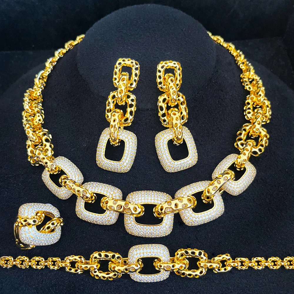 GODKI Icedout 4Pcs Hiphop Punk Miami Link Chains Indian Nigerian Jewelry Set For Women Wedding Cubic Zircon Dubai Bridal Sets