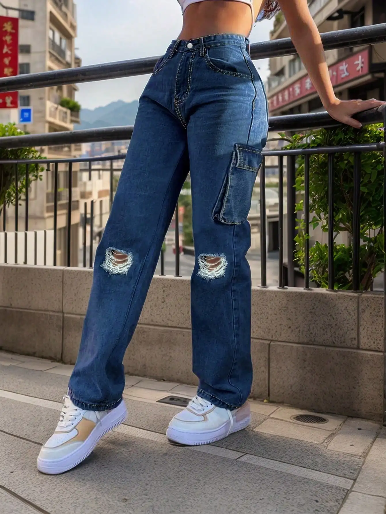 Women's Practical Straight Hole Denim Jeans - Mid Waist Comfortable Fit Jeans With Workwear Pockets, Suitable For Casual Or Work