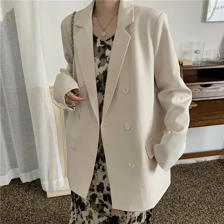 Spring and Autumn 2024 New Korean Style Loose Mid-length Suit Jacket Double-breasted Blazer Long-sleeved Office Lady Suit Top