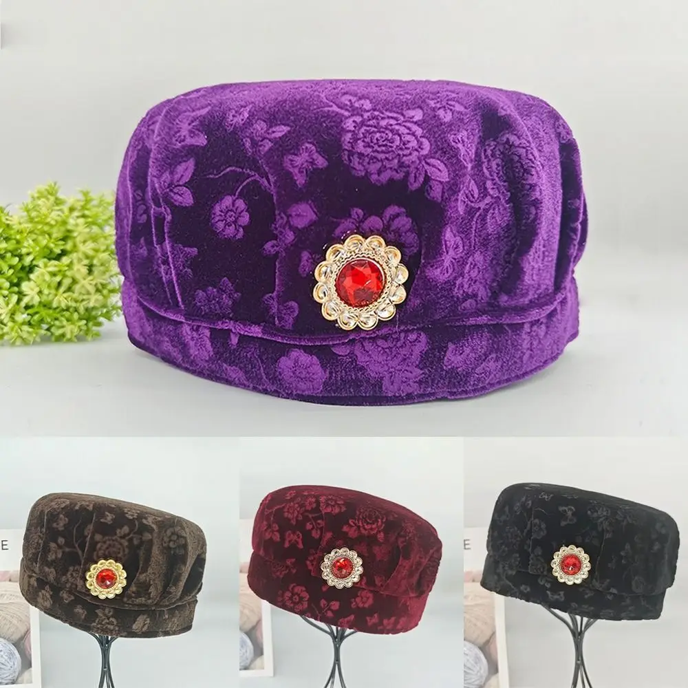 

Wide Brim Women Velvet Hat Thickened Keep Warm Grandma Headwear Imitation Stones Decor Windproof Caps Middle Aged and Elderly