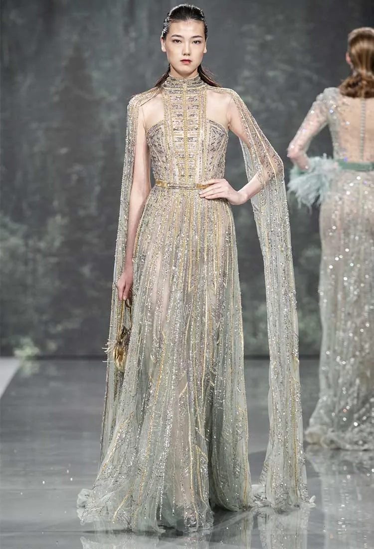 New Arrival High neck Long Sleeves Green and Gold beaded فساتين السهرة vestidos de fiesta فساتين سهره evening dresses