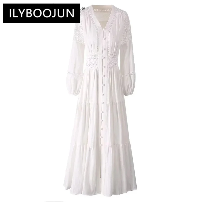 

2024 Luxury Brand High Quality Autumn Striped Dress Women's V-neck Lantern Sleeve Hollow Out Vintage Single Breasted Dresses