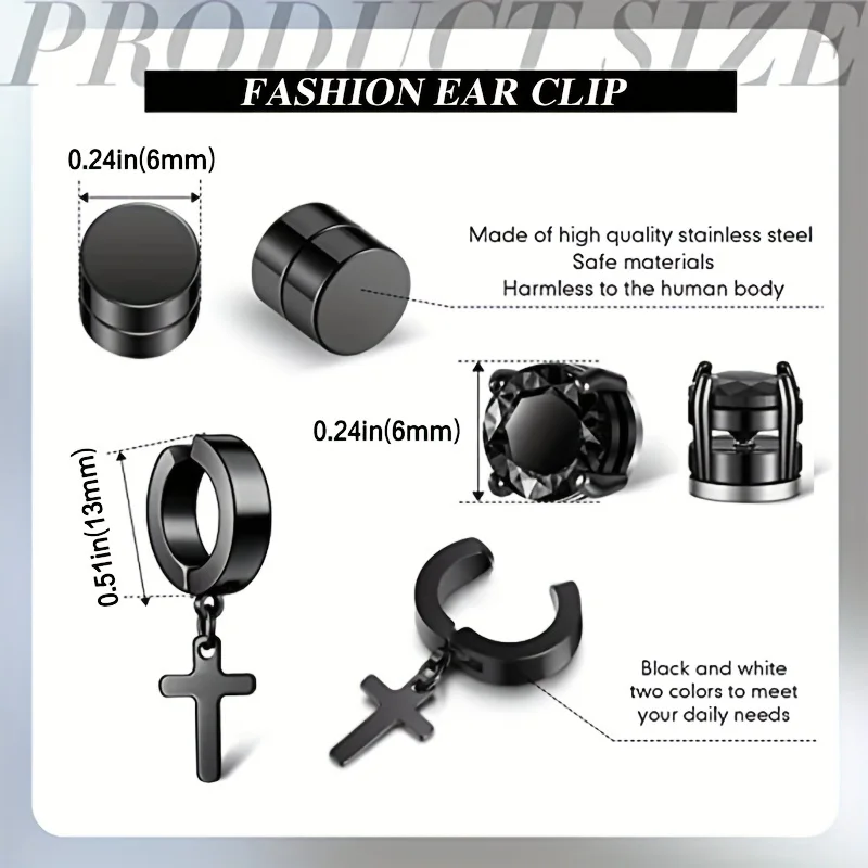 1 Paia In Acciaio Inox CZ Magnetic Stud Orecchini Non-forati Croce Pendente Clip-on Hoop Orecchini Per Gli Uomini E Le Donne