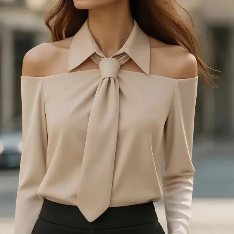 

Elegant Casual Women Blouse Shirt 2025 Necktie Lapel Long Sleeve Off The Shoulder Blouse Femme Solid Color Blouse Tops Commuting