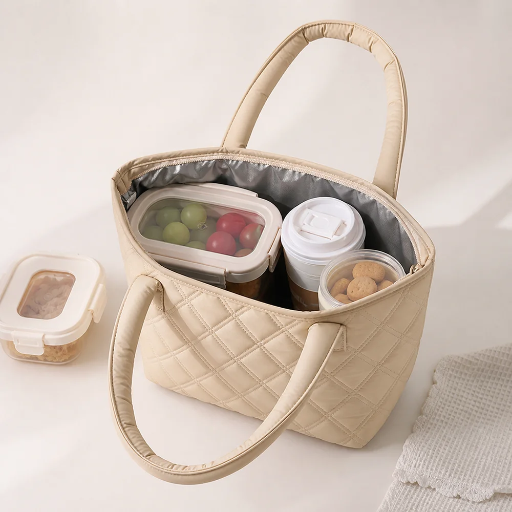 New Quilted Pattern Lunch Tote Bag Padded Handles Insulated Meal Bag Reusable Lightweight Lunch Bag Office Lunch