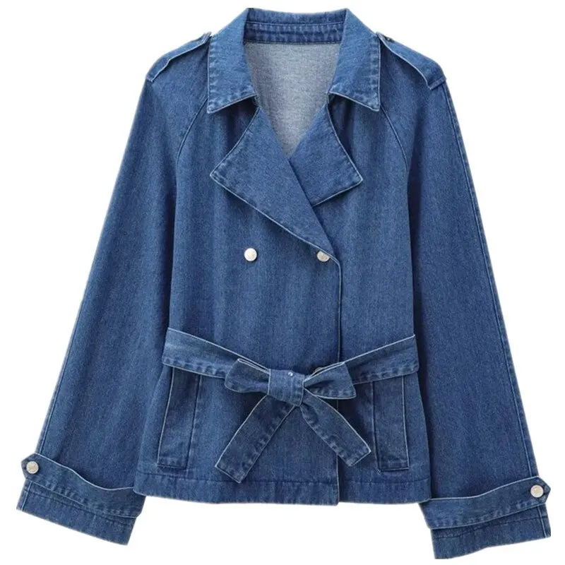 

Autumn 2024 Women's Long Sve Commuter Double Buttoned Belted Denim Jaet Versatile Sle Loose Fit Regular Length Outerwear