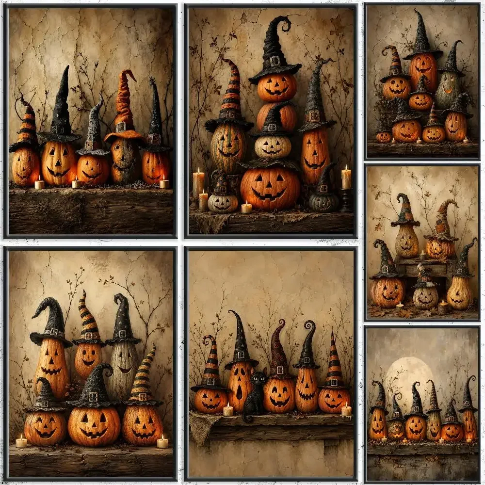 Vintage Witch Hat Pumpkin Halloween Painting Calligraphy HD Canvas Poster Crease Free Waterproof All Space Wall Decor
