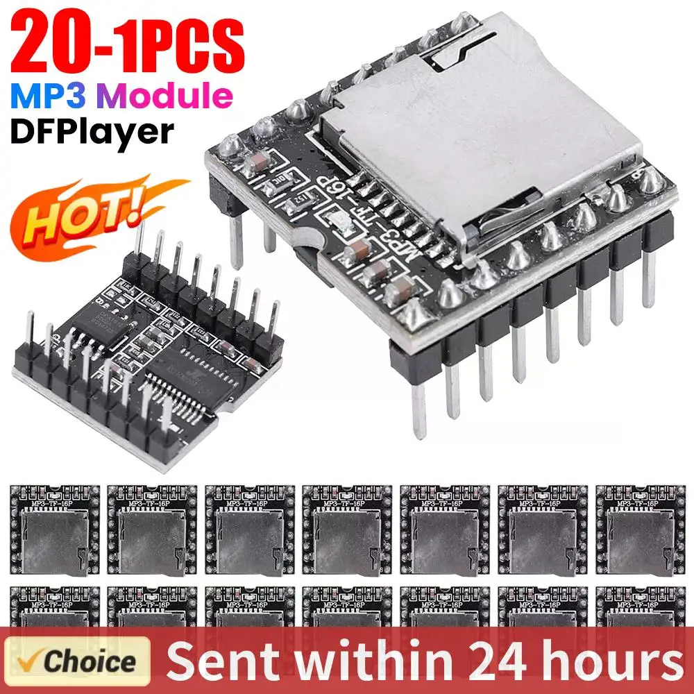 DFPlayer Mini MP3 Player Module TF Card U Disk Mini MP3 DF Player Audio Voice Module IO/Serial Port/AD MP3-TF-16P for Arduino