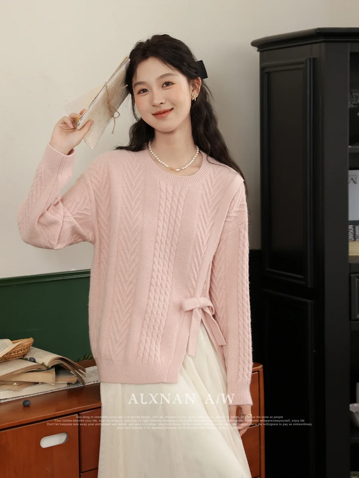 ALXNAN Round Neck Pink Knitted Sweater 2024 Autumn Winter Irregular Split Long Sleeve Knit Tops Loose Women\'s Pullovers LXN32173