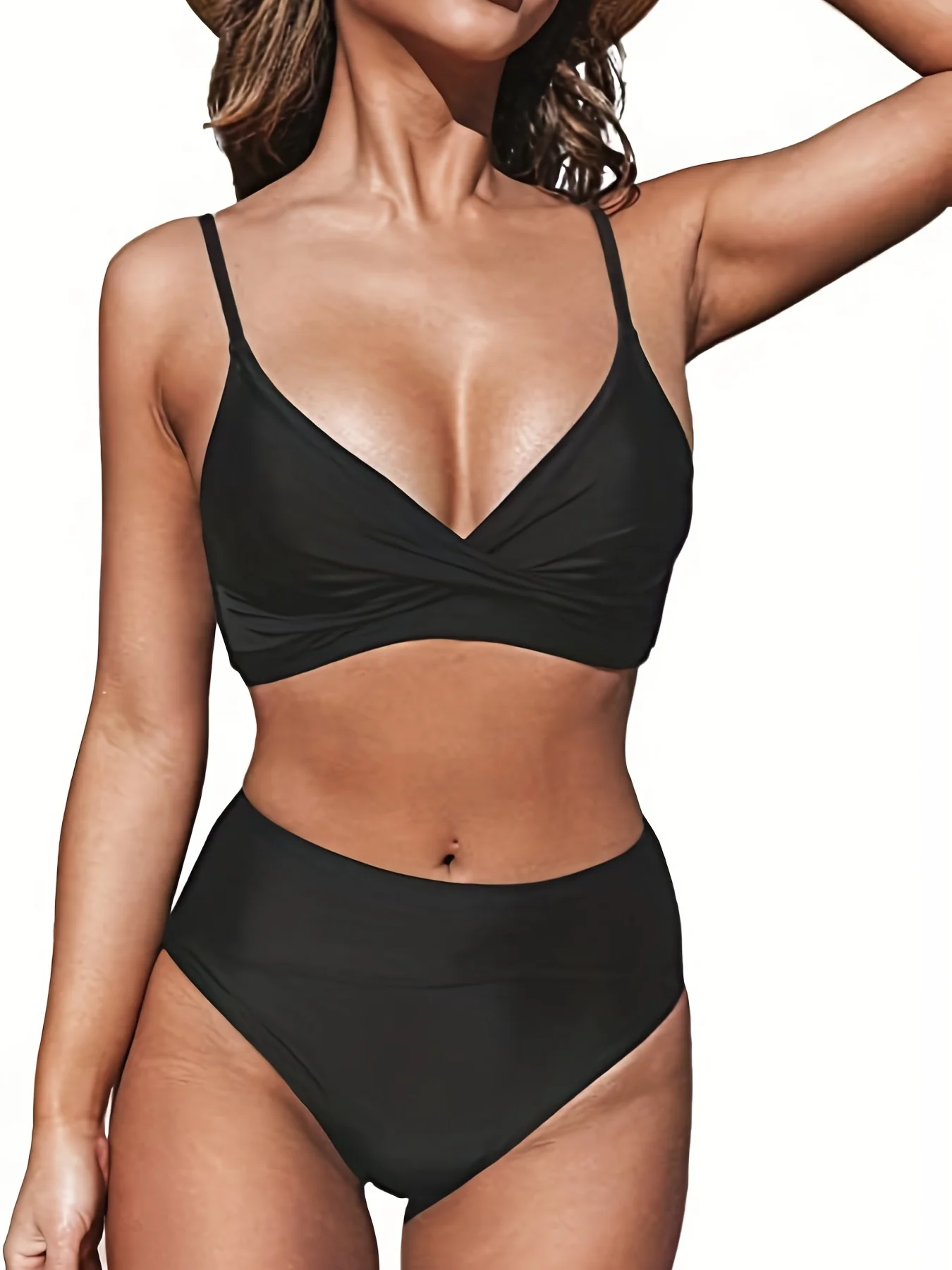 

Женский сексуальный укороченный топ с высокой талией, однотонный треугольный комплект бикини, обязательный элемент для летнего пляжного отдыха и отдыха.