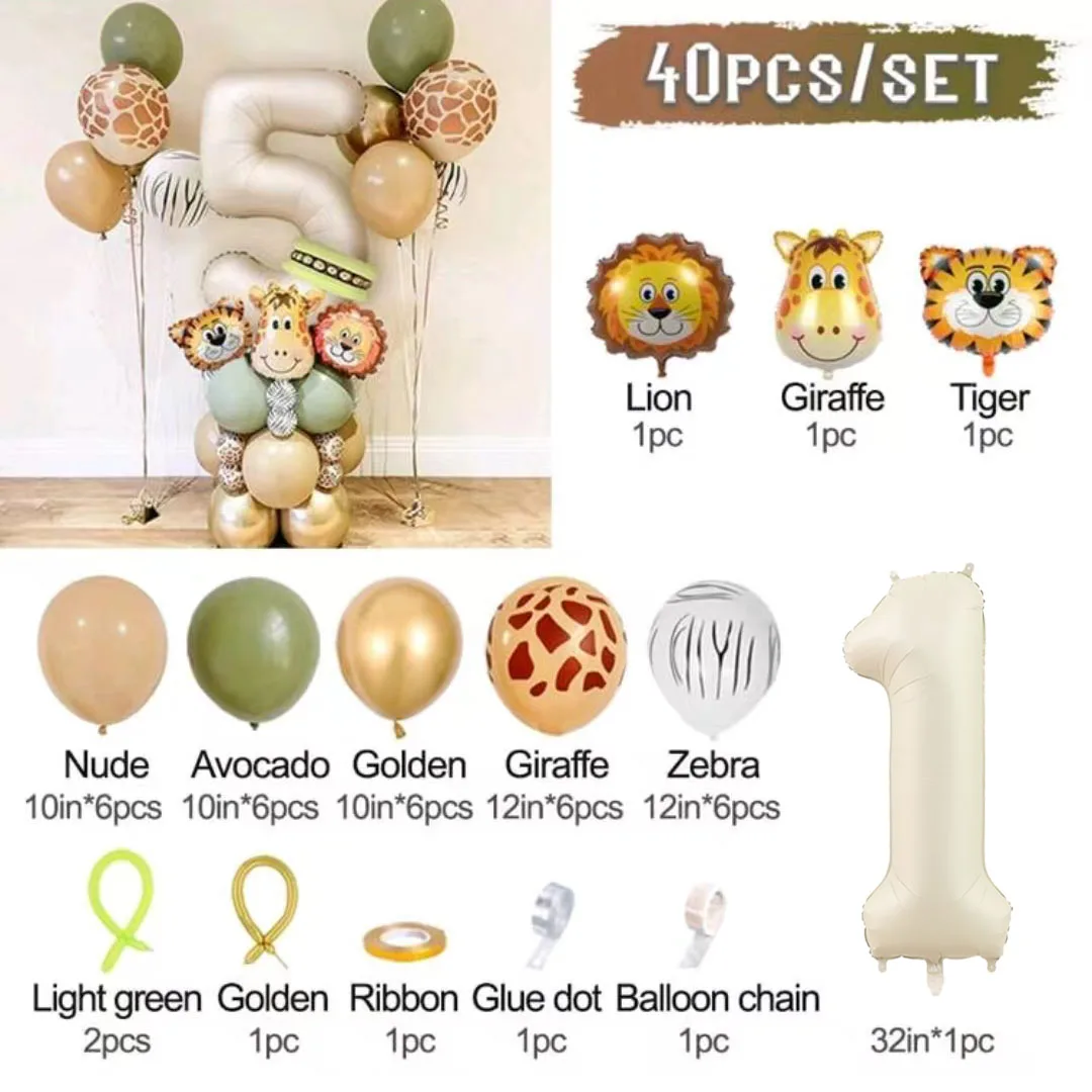 40 Stück Dschungel Retro Tier Ballon Set Löwe Giraffe Ballon 1-9 Geburtstag Dekoration Jahrestag Dschungel Thema Party Dekoration – Detail 7