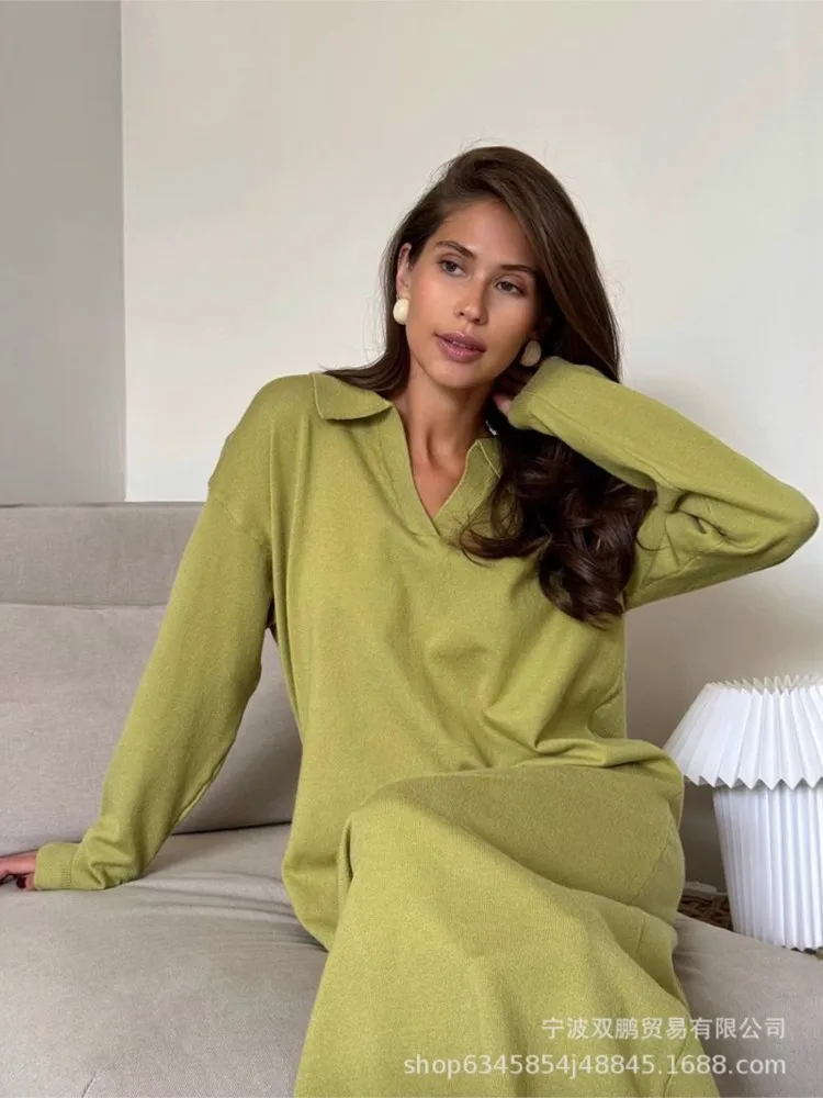 

Loose Dresses 2025 Woman Simple Style Vestidos All-match Slit Solid Color Vestido Long Sleeves Sweater Knitted Casual Elegant