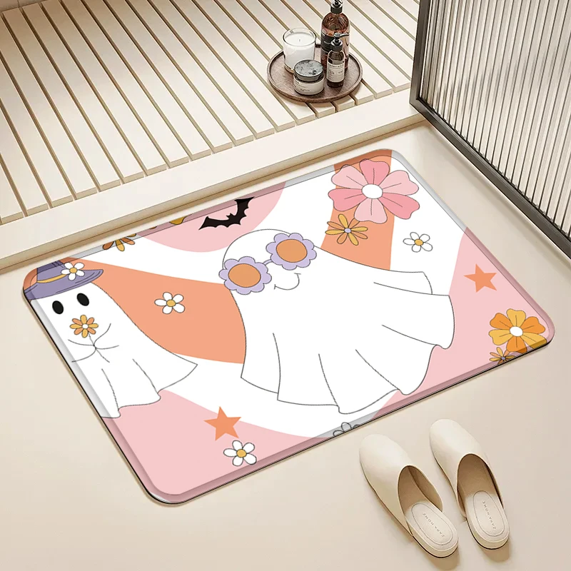 

Cute Ghost Print Door Mat Non-Slip Absorbent Floor Rug for Home Entrance Bathroom Kitchen Halloween Decor