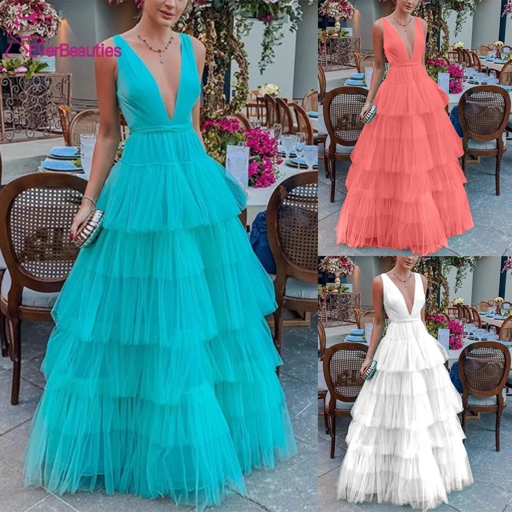 

Vestidos Para Eventos Especiales Ball Gown Prom Dresses for Women V Neck Vestidos De Gala Tulle Ruffles Party Dresses