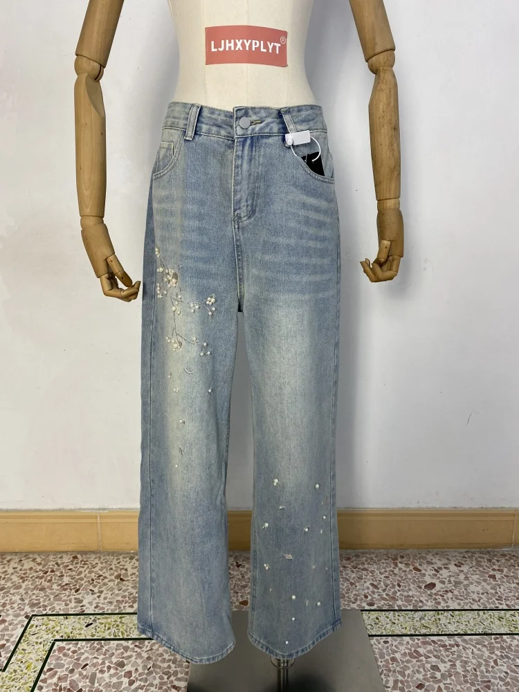 

Women's Flower Embroidery High Waisted Wide Leg Jeans Personalized Trousers Cool Girl Casual Bottoms Female Street Blue Pants