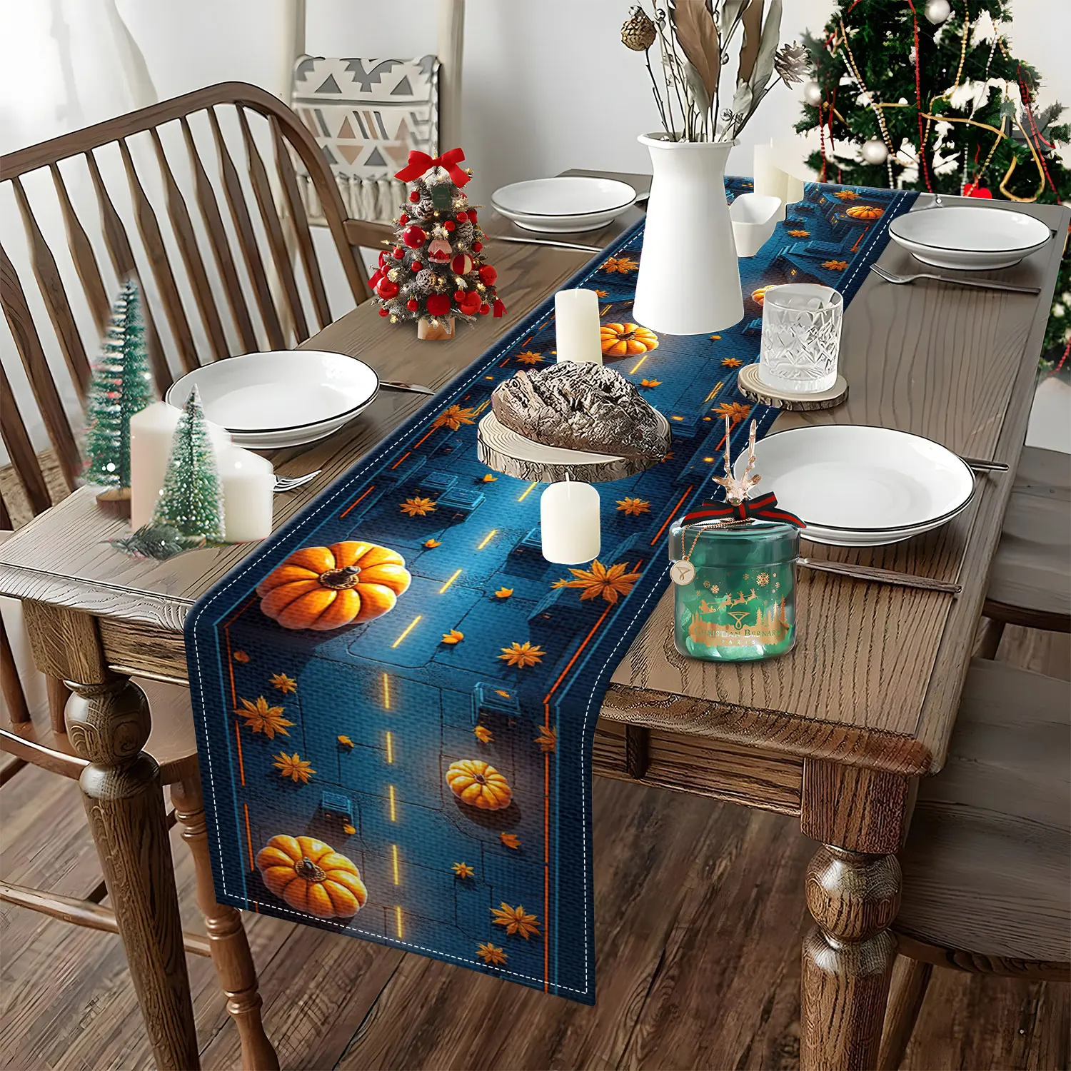 قطعة واحدة من مفرش طاولة على شكل يقطين الهالوين مع أنماط مشهد ليلي للمدينة، مناسبة لحفلات الهالوين ومشاهد الديكور المنزلي.