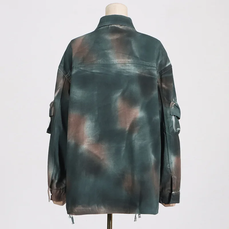 여성 가을 패션 루즈핏 카모플라주 데님 재킷 코트, 큰 포켓 스플라이싱 디자인 워크웨어 개성 스타일