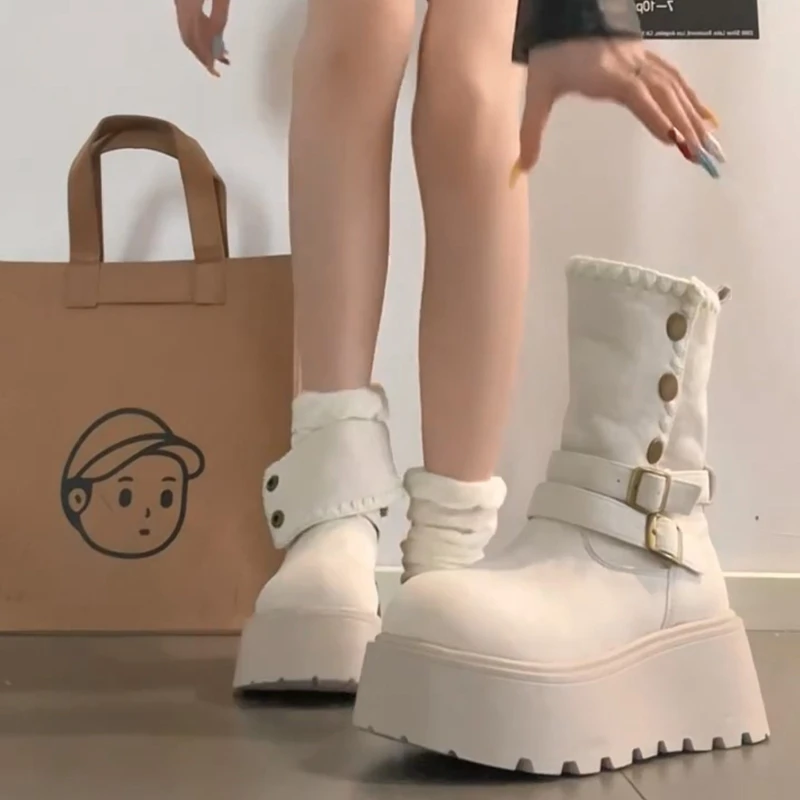 Winter Platform Thick Sole Women Snow Boots Height Increase Punk Style Women's Shoes Female Slip On Warm Cotton Short Booties