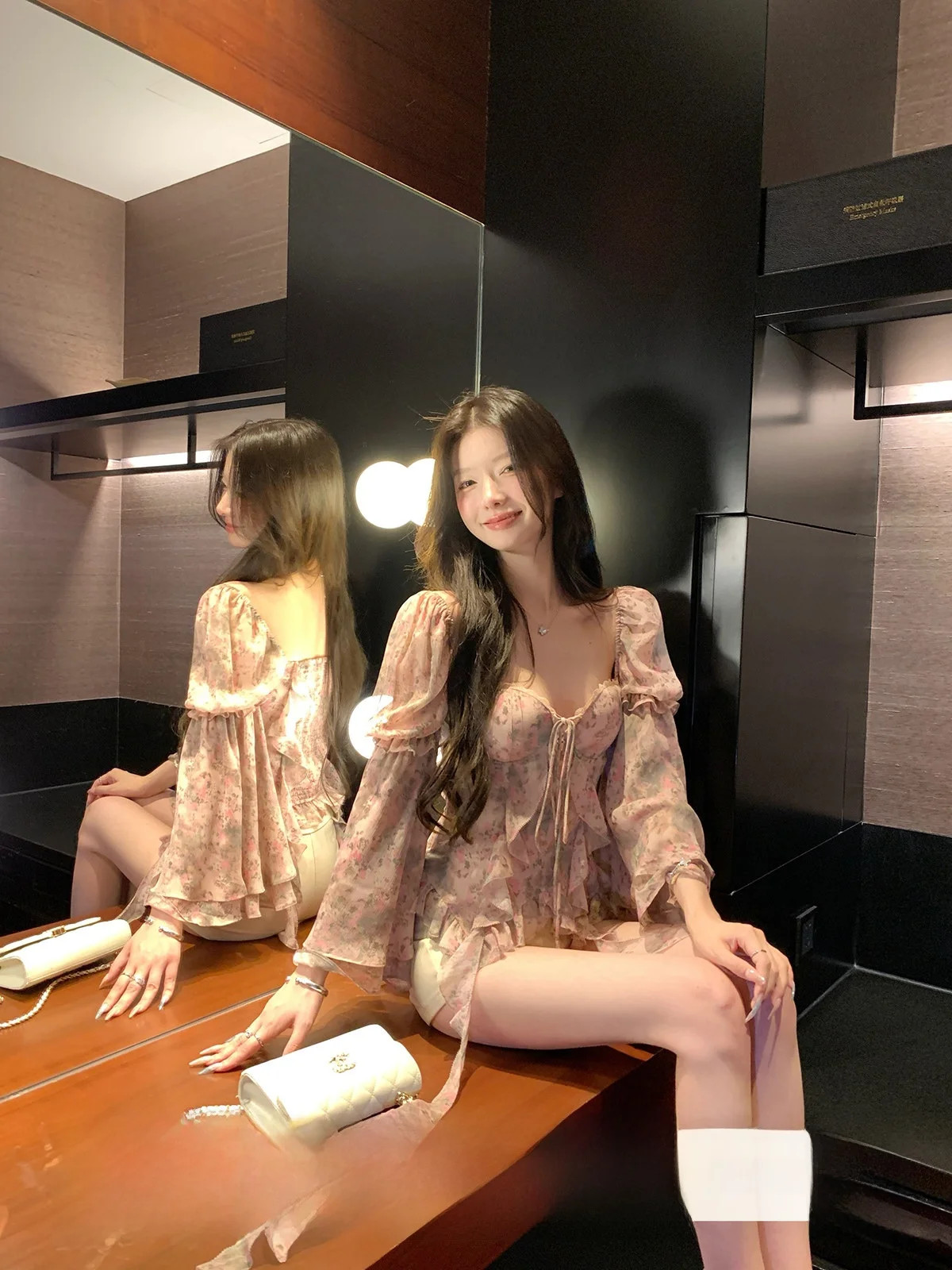 

Yoyozhang Retro Floral Print Square Ne Chiffon irt Women's Summer Slimming Top Ele Fraant Sle Long Sve Casual ...