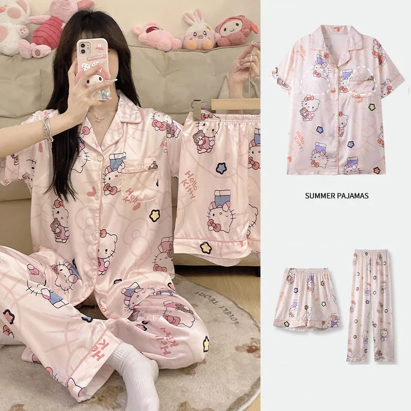 2024 New Hello Kitty Hangyodon Pochacco Three-Piece Ice Silk Short Sleeved Pajamas Cartoon Cute with Chest Pads Home Pajama Set