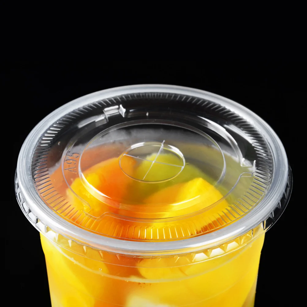 

100pcs Beverage Cup Lids Disposable Clear Transparent Flat Covers Leak Proof Straw Hole Compatible Drink Cups Household Store