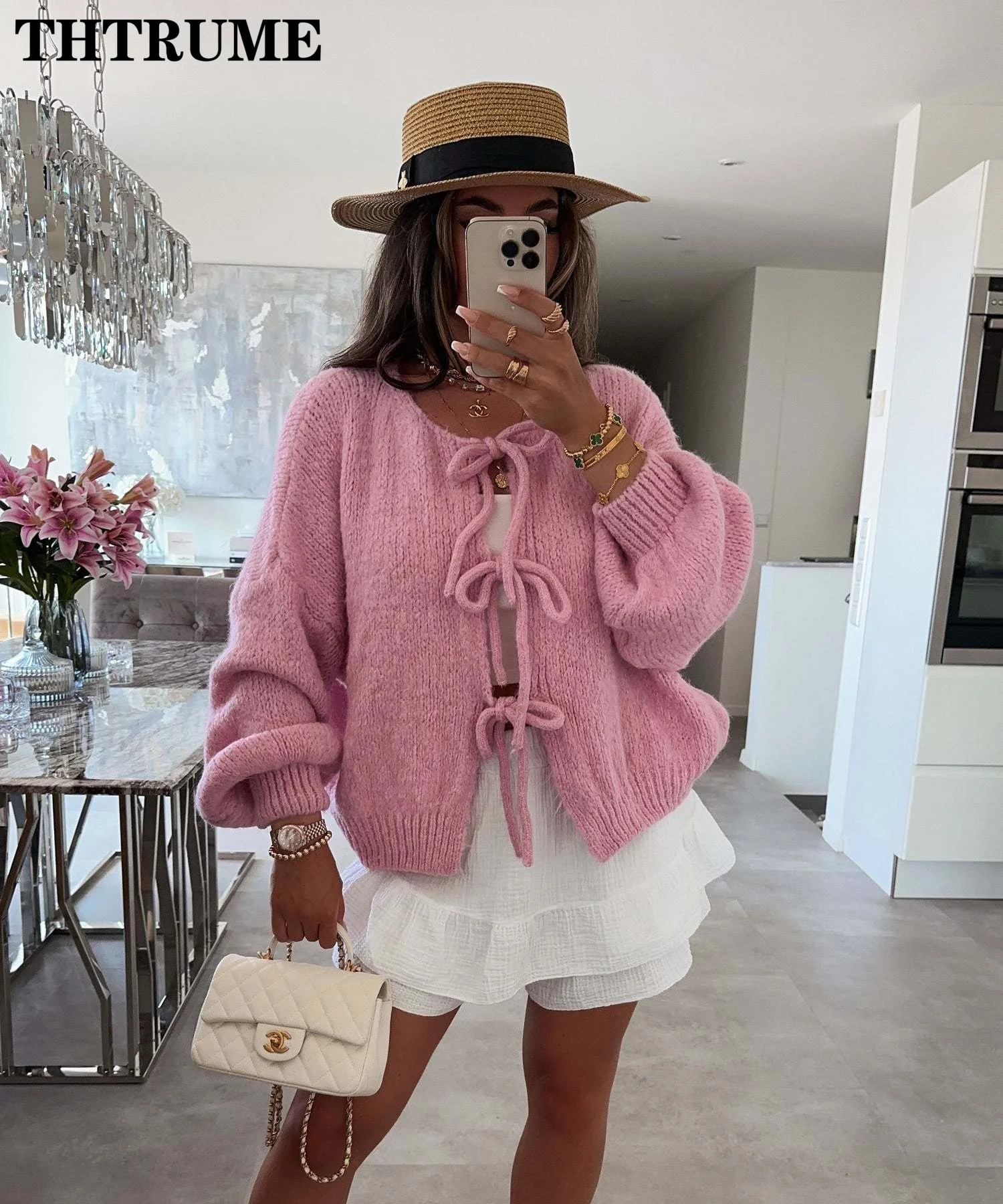 Women Fashion Lace Up Bow Sweaters Elegant Solid Color Long Sleeve Autumn O-Neck Knitwear Jumpers Tops Casual 2024 New Cardigans