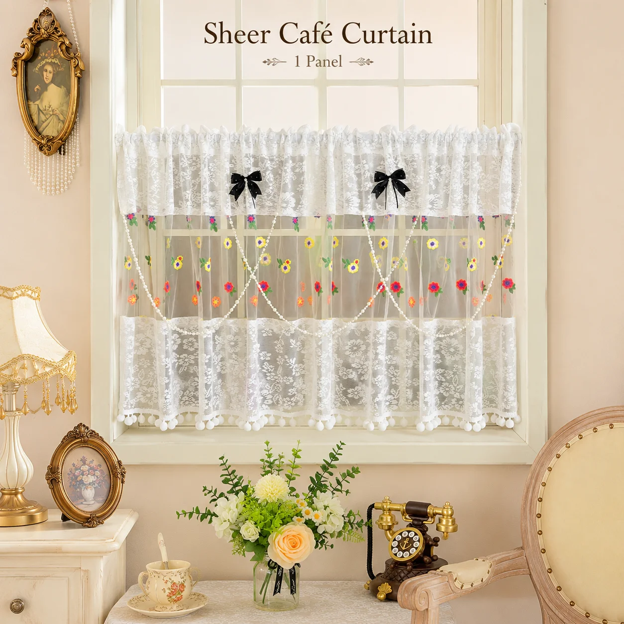 White Lace Cafe Curtain Colorful Floral Embroidered Sheer Valance with Bow Pearl Garland Pom Pom Trim Kitchen Drapes