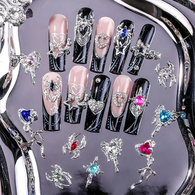 5 pçs aranha estrela liga diamante acessórios para unhas 3d decorações de unhas broca amor cravejado com diamantesnail deco