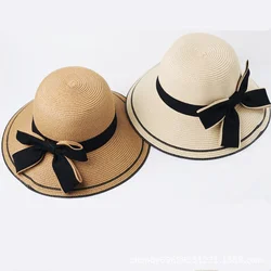 Summer Large Brimmed Hat With Wavy Edges and Bow Grass Hat For Women's Outdoor Vacation Beach Sun Hat Foldable