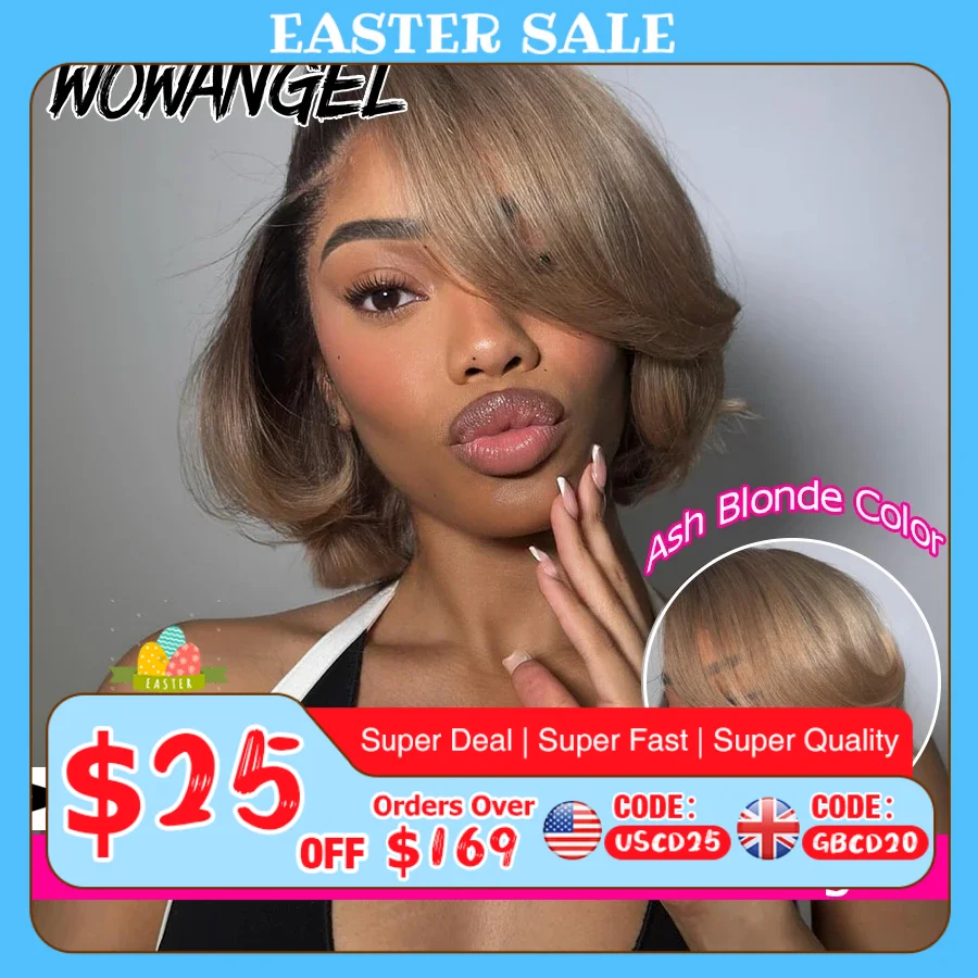 Ash Blonde 13x6 HD Lace Frontal Wigs Human Hair Straight Short Bob Wigs Dark Grey Colored Virgin Hair Lace Front Human Hair Wigs