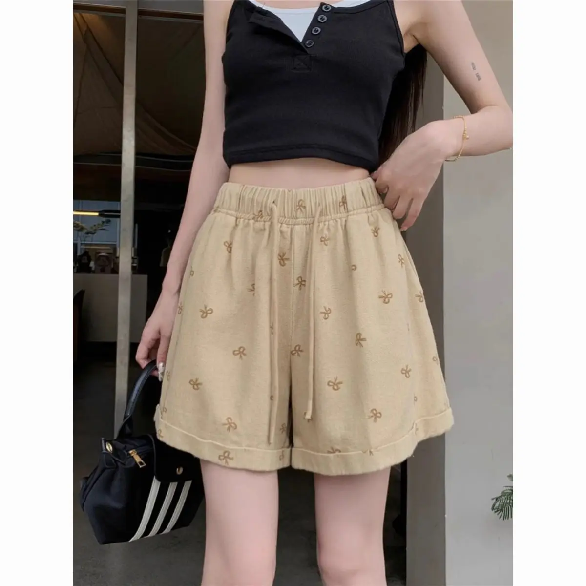 素敵な夏の女性服ワイドレッグパンツファム韓国甘い印刷ハイウエストバッファリーショーツ新しいカジュアル 5 クォーター P